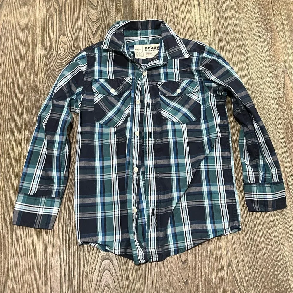 Urban Pipeline Boys Plaid Checked Button-Up Long Sleeve Shirt Blue Black Small